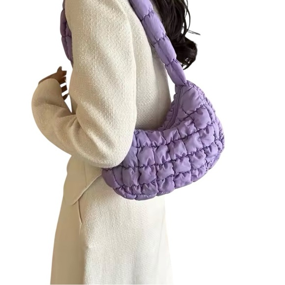 Bubble, puffy, quilted pleated, small cloud purse with shoulder strap. PURPLE - Picture 2 of 6